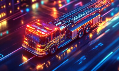 Isometric fire truck racing to the scene with flashing lights and a long ladder extending