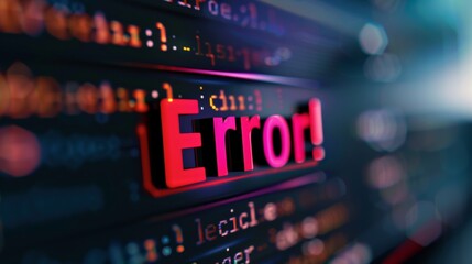 Obraz premium Error message displayed on a digital screen with colorful code background showcasing technology issues