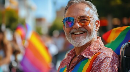 A smiling senior man in a wheelchair enjoys the vibrant atmosphere of an LGBTQ Pride Parade, surrounded by colorful festivities.