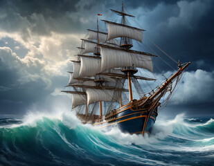 Detailed and realistic image of a sailing ship in a stormy sea, with a dramatic cloudy sky, breaking waves, realistic lighting and beautiful colors, conveying a cinematic and masterful atmosphere