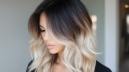 Naklejka premium Get stunning long, wavy hair with dark roots and highlighted ash blonde strands for a chic and trendy look.