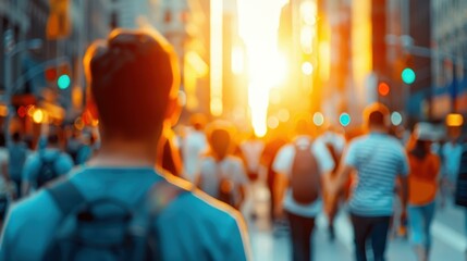 A bustling street scene filled with blurred figures, warm light, and the essence of urban life captured in motion.