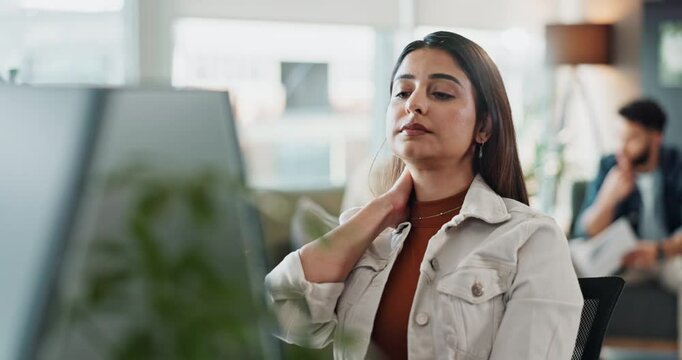 Woman, employee and neck pain on computer at office for internet, online error and research for ideas. Female person, tired and burnout with deadline, project and overworked as software engineer
