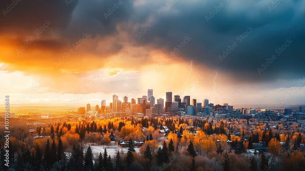 Poster city view from afar with tree lineage in the foreground and lightning backdrop