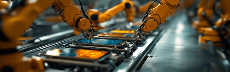 Robotic arms assembling smartphones on tech factory production line