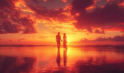 Fototapeta premium 3D newlywed couple holding hands on a beach at sunset, their silhouettes framed by vibrant orange and pink skies