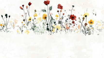   Red, yellow and green flowers on white canvas, room for text or image