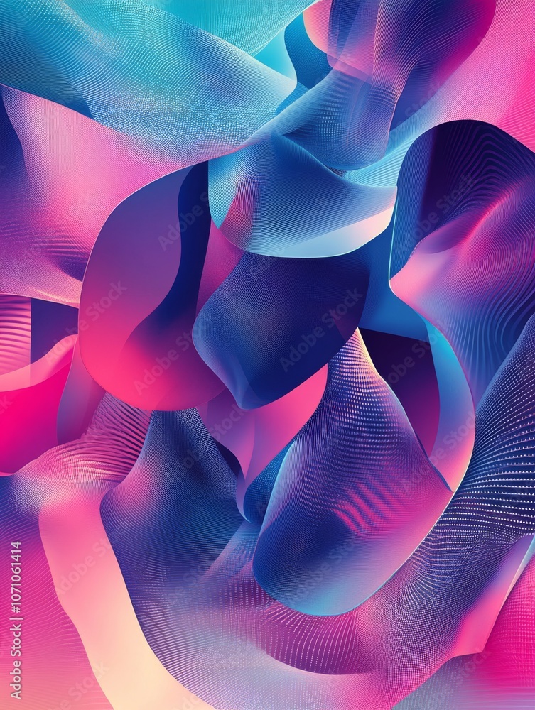 Poster energizing abstract patterns of geometric shapes in cyan and magenta hues