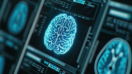 Explore cuttingedge brain research with advanced EEG monitoring and a futuristic holographic interface for realtime data.