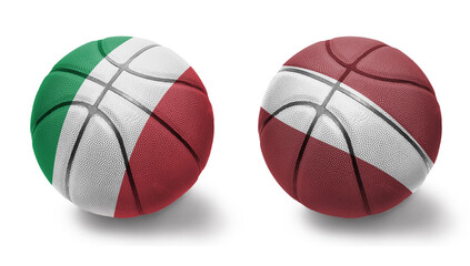 basketball balls with the national flags of latvia and italy on the white background.