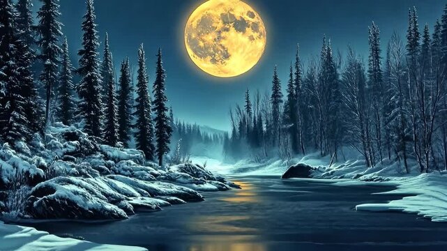 A full moon shines over a snowy forest and a river flowing through it
