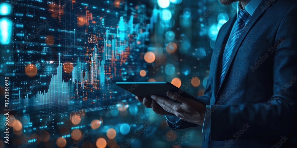 Poster businessman using tablet with stock market data displayed