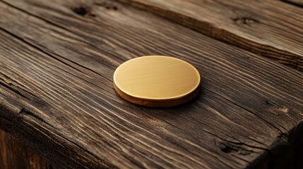 Elevate your brand with this stylish golden metal pin badge mockup set on a rustic wood table, ideal for marketing needs.