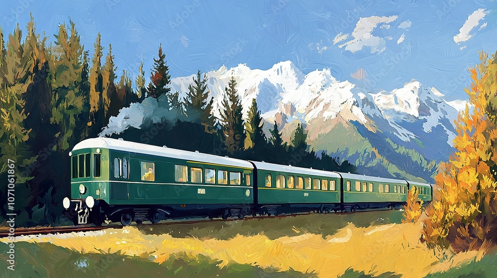 Poster a painting of a train on a track in front of a mountain range with trees and mountains in the backgr