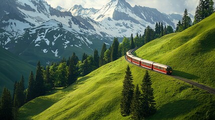   A red and white train traverses a green hillside, surrounded by mountains capped with snow, and adjoining a dense forest