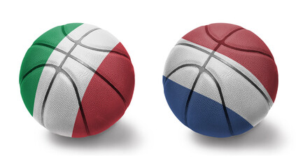 basketball balls with the national flags of netherlands and italy on the white background.