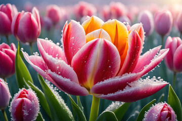 Fototapeta premium a beautiful pink tulip in full bloom, surrounded by other tulips and lush green leaves.
