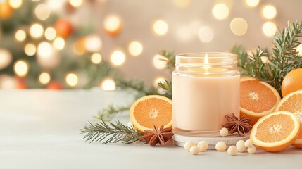 Burning Candle in a Glass Jar with Orange Slices, Star Anise, Pine Branches, and Soft Bokeh Lights