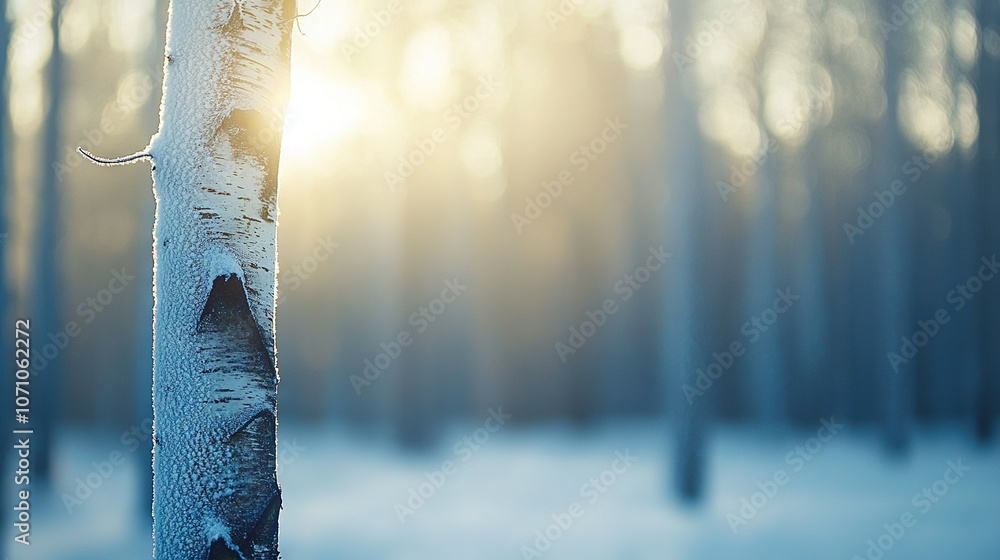 Poster snowy trees line a path where the sun filters through, casting light on the snow-covered ground belo
