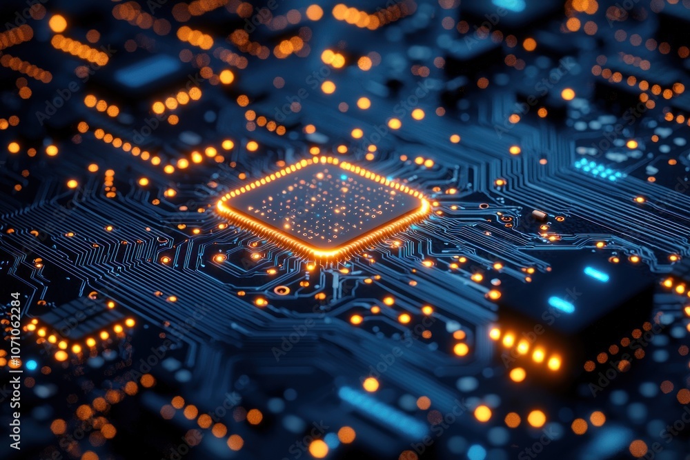 Aufkleber illuminated microchip on a circuit board with orange and blue lights