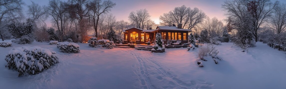 Snow-covered patio furniture and garden at sunset, cozy wintry home scene