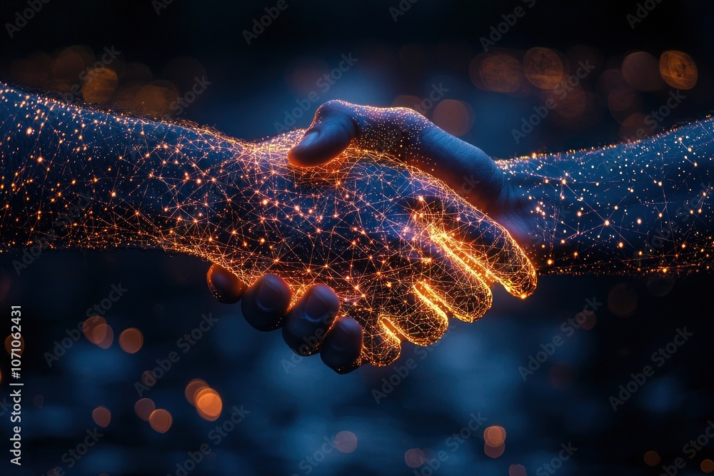 Poster two hands connected by glowing network of lines