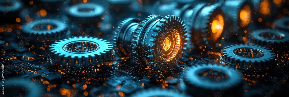 Poster close-up of interlocking gears with glowing orange core