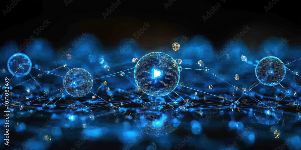 Poster abstract play button in a network of blue spheres
