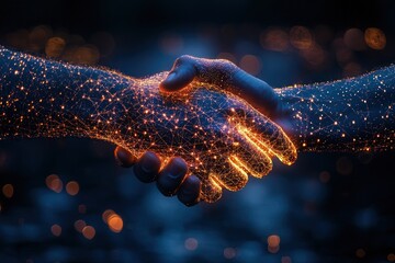 Two Hands Connected by Glowing Network of Lines