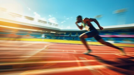 Athlete sprinting on a track at a stadium during a sunny afternoon, showcasing speed and determination in an exciting competition