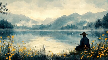Serene Fisherman on Riverbank in Muted Blues