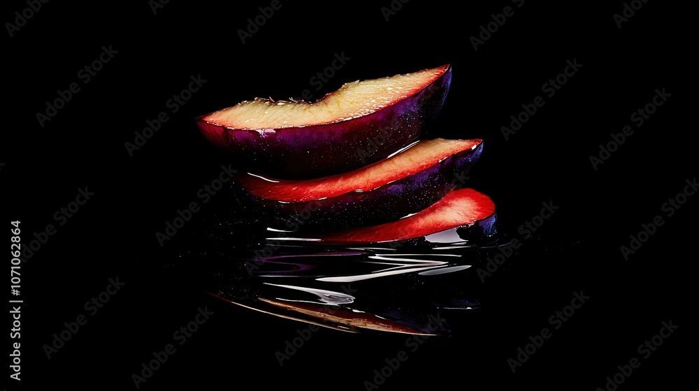 Poster a few pieces of fruit resting on a dark background alongside a chunk of fruit with a missing bite