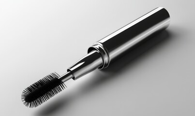 3D mascara tube with a brush dipped in black, ready for application, sleek and detailed