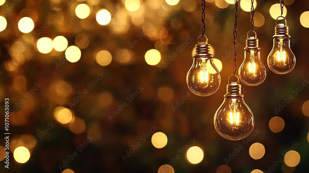 Poster four glowing light bulbs hang from a string in front of a blurry background of lights