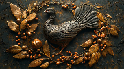 A black sculpted bird with golden leaves and berries surrounds it. This piece of art was created...