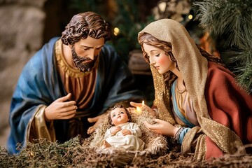 nativity scene set up on a windowsill, with soft candlelight illuminating the figures of Mary, Joseph, and baby Jesus © Dina