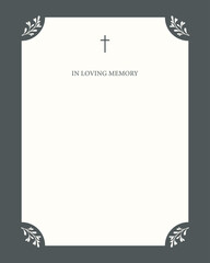 Funeral vector card. Empty card. Digital Funeral Announcement Invitation Template in vector Illustrator. Cross. White background 
