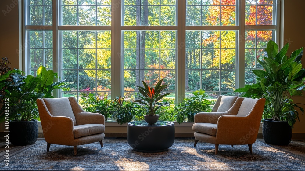 Poster a welcoming seating area features two beige armchairs facing a round table with a plant, surrounded 