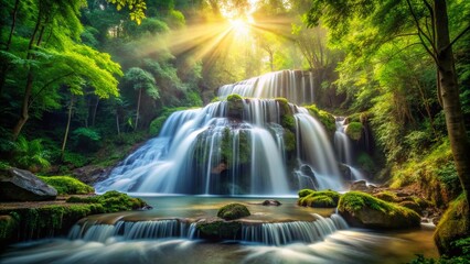 Mesmerizing Long Exposure of a Lush Waterfall in the Forest Enhanced by Innovative Technology for Serene Nature Experience and Stunning Visuals