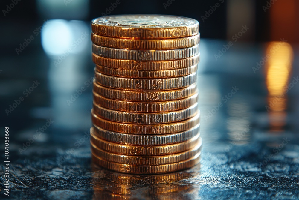 Poster stack of golden coins with blurred background