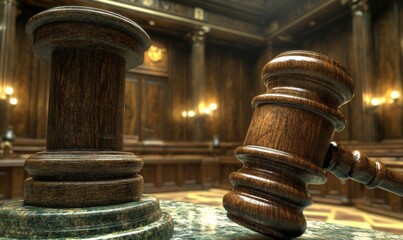3D gavel and judge bench in a courtroom, symbolizing justice and authority detailed and official