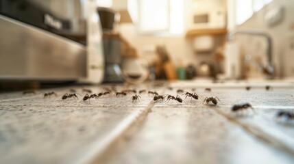 A large trail of ants navigating across a kitchen floor during daylight, revealing signs of an infestation in a domestic setting