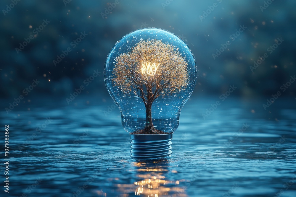 Aufkleber Illuminated Tree Growing Inside a Light Bulb Floating on Water