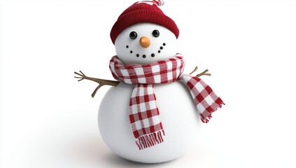 Snowman in a red beanie and checkered scarf on a white background