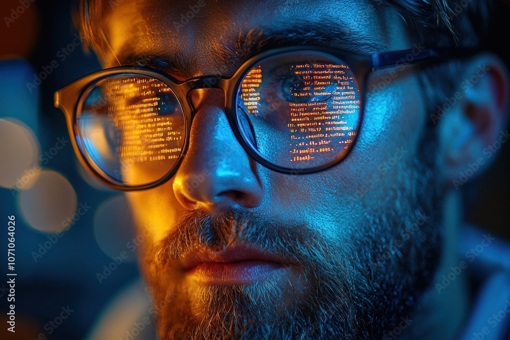 Poster a man wearing glasses reflecting computer code