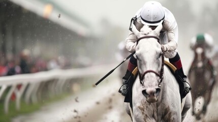 A jockey rides a powerful white horse during an intense horse race on a rainy day at the racetrack, surrounded by cheering spectators