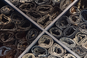 A stack of various folded jeans in a clothing store window