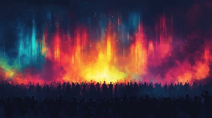A large crowd of people silhouetted against a vibrant, colorful sky with streaks of light.