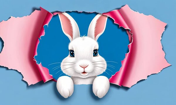 A white bunny with blue eyes peeks through a torn pink paper hole against a blue background. Copy space Easter greeting card