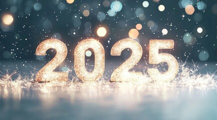 Shiny '2025' numbers with glitter effect on a dark background, sparkling lights and bokeh